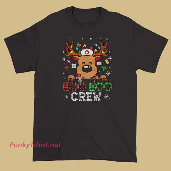 A festive T-shirt celebrating the "Boo Boo Crew," decorated with holiday-themed graphics like Christmas trees or ornaments, blending humor with holiday cheer.