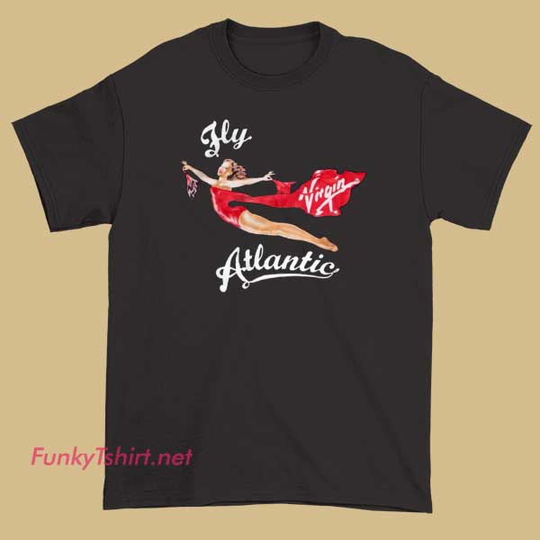 A stylish T-shirt featuring the Virgin Atlantic logo with a design emphasizing flight and travel, possibly with wings or airplane motifs.