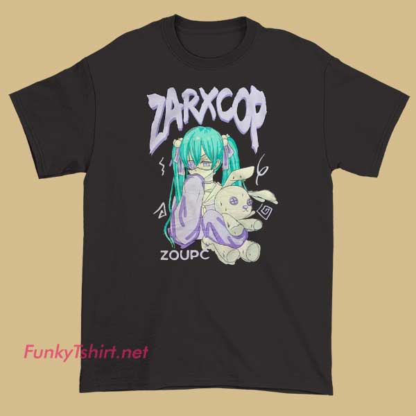 A bold T-shirt showcasing a graphic design inspired by Zarxcop, featuring edgy artwork or logo elements with a modern, rebellious vibe.