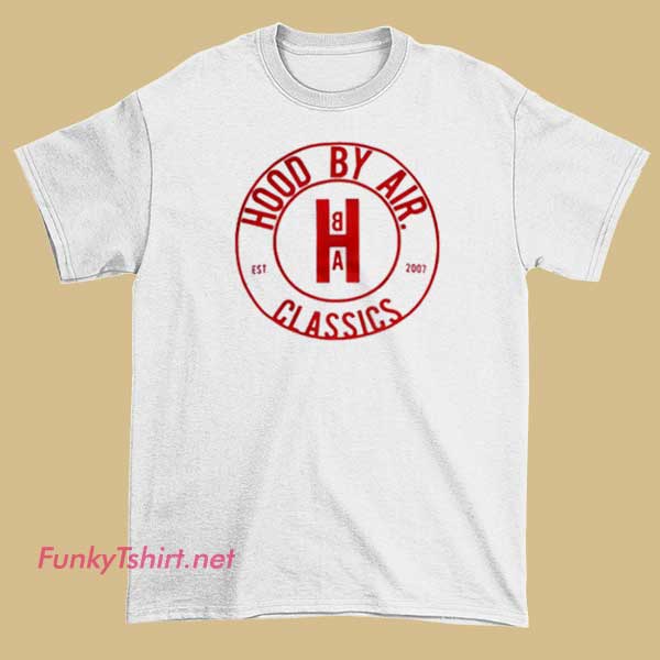 A fashion-forward T-shirt celebrating Hood by Air and Rihanna, featuring minimalist branding or artistic graphics inspired by streetwear aesthetics.
