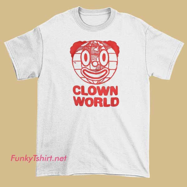 A T-shirt featuring a graphic of Gavin McInnes with bold, provocative text referencing "Clown World," designed to make a bold statement or spark conversation.