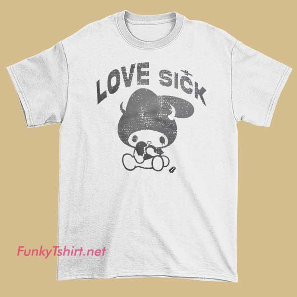 A white T-shirt featuring a vibrant graphic design inspired by the song "Love Sick" by My Melody. The design showcases playful, colorful elements with musical and love-themed motifs, perfect for fans of the song and character.