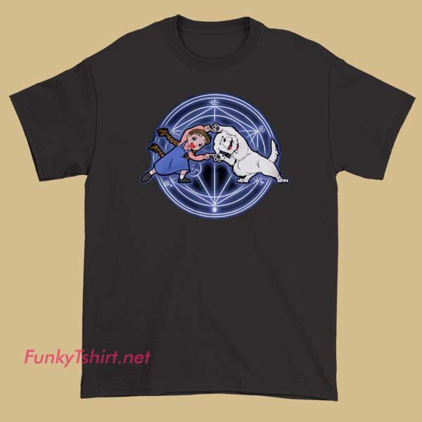 A vibrant T-shirt design featuring a fusion of Alchemist and Nina Tucker from Fullmetal Alchemist, showcasing their combined imagery with intricate alchemical symbols and a dynamic, eye-catching style.