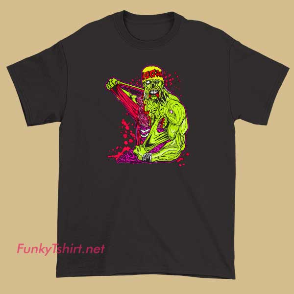 A humorous parody T-shirt featuring a zombie version of Hulk Hogan, with tattered flesh, glowing eyes, and a menacing grin, capturing a spooky twist on the legendary wrestler's iconic look.